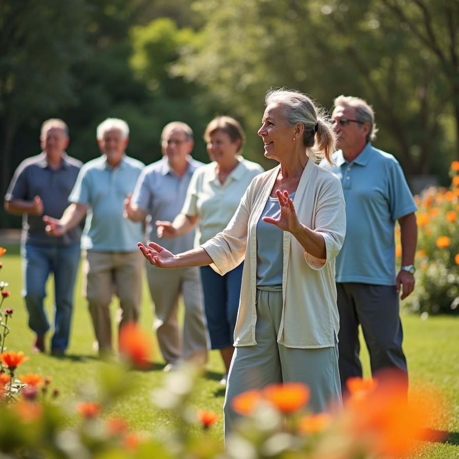 Group practicing tai chi in a garden