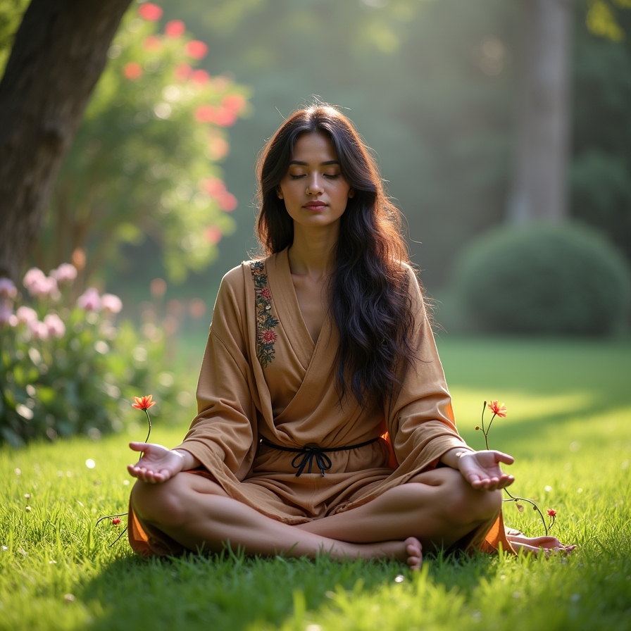 Person meditating in peaceful garden