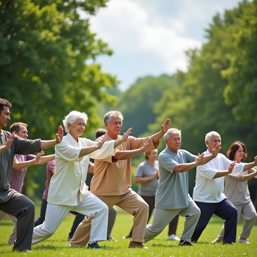 People practicing tai chi in a park